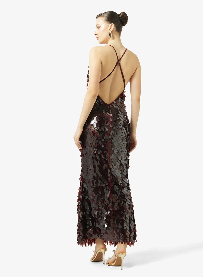 جينجر Plunge Neck Sequin Embellished Evening Dress